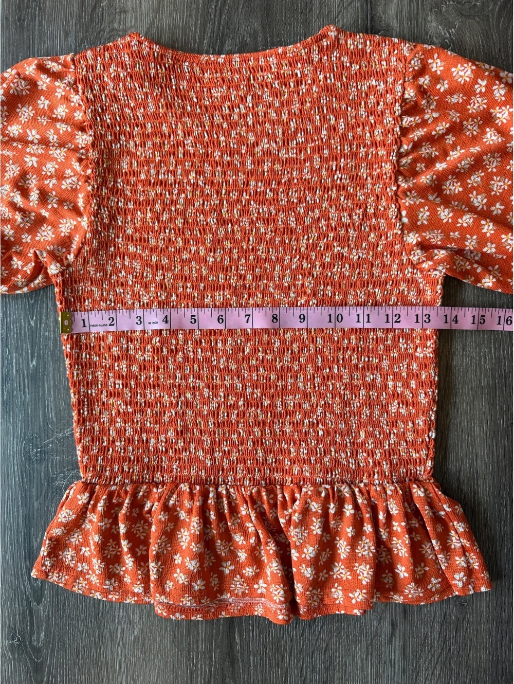 Melloday Orange Floral Smocked Peplum Top Women’s Small Puff Sleeve - Picture 6 of 8